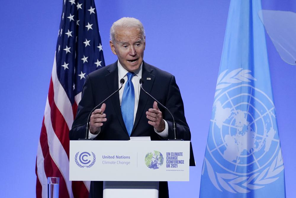 President Joe Biden speaks during a news conference at the COP26 U.N. Climate Summit