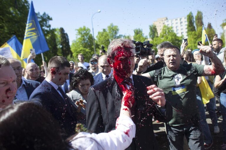 Russia’s ambassador to Poland was splattered with red paint thrown